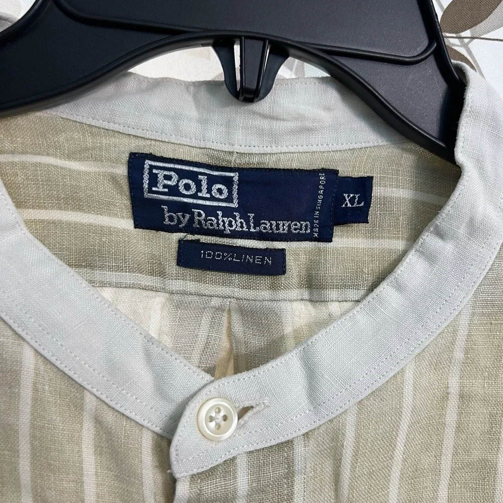 Vintage Polo Ralph Lauren Linen Band Collar Grandad Shirt XL Beige White Stripe
